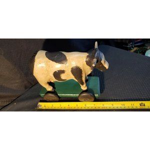 Old Vintage Wooden Cow Pull Toy ~ Base on Wheels ~ Estate Find